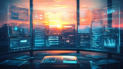 Analyzing Data on Futuristic Screens Overlooking Sunset Cityscape Background