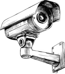 Sketch of a surveillance camera with detailed shading and vintage style. Vector illustration