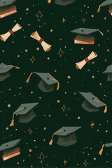 Graduation Celebration Pattern with Mortarboards Diplomas and Stars on Dark Green Background Festive Academic Achievement Design