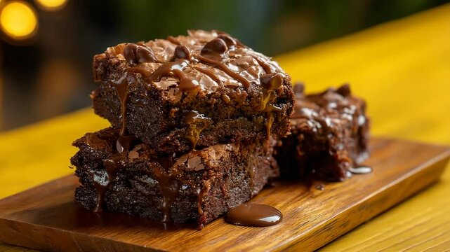 Decadent chocolate brownies with melted fudge drizzled on a wooden board in a cozy setting