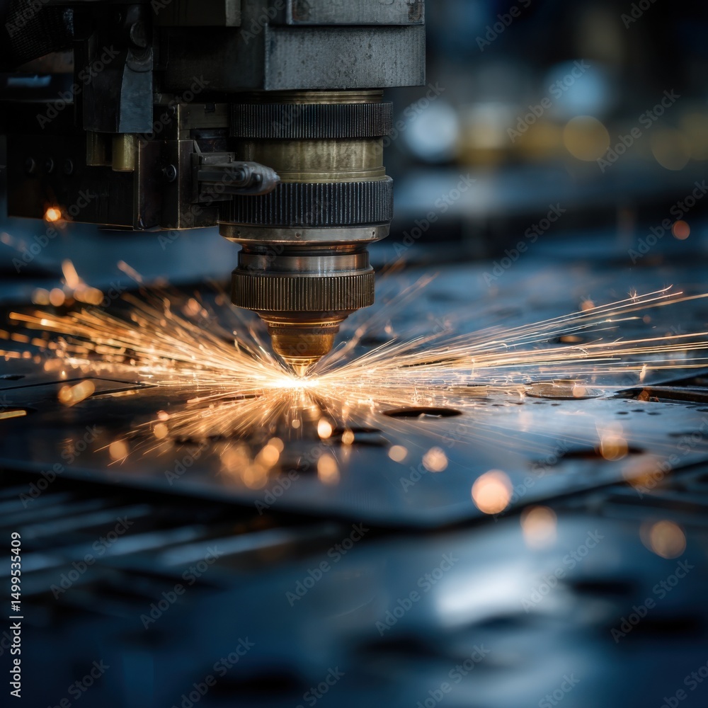 Poster laser cutting machine in action close up industrial precision cutting with sparks in factory setting