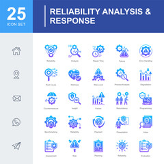 A focused icon set on analyzing, evaluating, and responding to system failures and risks in reliability management, including diagnostics, insights, and root cause analysis.