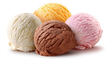 Obraz premium Colorful Ice Cream Scoops Close Up Studio Shot Assortment of Flavors Vanilla Chocolate Strawberry Mango on White Background