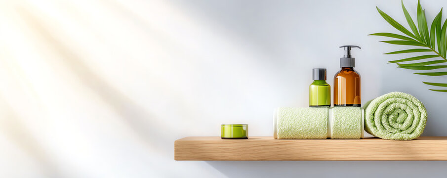 Serene spa wellness retreat with minimal decor featuring green products and towels - Powered by Adobe