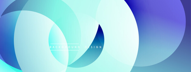 Abstract background features overlapping circles. Gradient colors blend from blue to turquoise creating dynamic visual effect. Minimalist design.