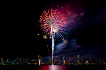 Brilliant fireworks explode over the city skyline, casting colorful reflections on the water during a nighttime celebration