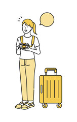 イラスト素材【旅行シーン】：カメラを持って旅行に行く若い女性