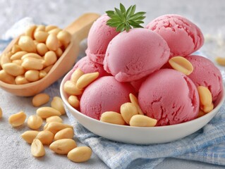 Pink ice cream scoops in bowl with peanuts and wooden spoon still life close up studio shot dessert