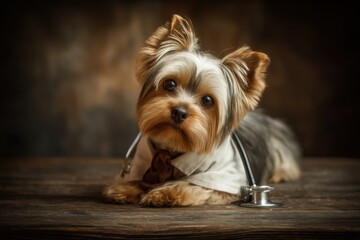 Yorkshire Terrier puppy dressed as a doctor with stethoscope on a wooden surface in a studio setting looking at camera