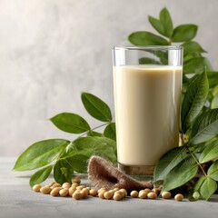 Soy milk in glass with beans and green leaves on table top view healthy drink plant based protein source vegan