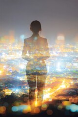 Silhouette of Businesswoman Overlooking Cityscape at Night Double Exposure Style Urban Landscape Concept