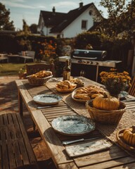 Outdoor Autumn Feast on Wooden Table in Backyard Garden Setting; Thanksgiving Harvest Celebration with Pumpkins and Bread