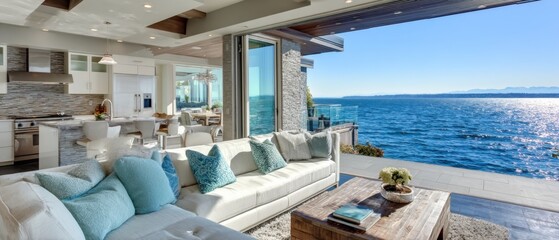 Interior of Luxury Home with Ocean View from Living Room and Kitchen on Sunny Day Coastal Design
