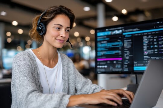 A cheerful woman wearing a headset types at her computer, highlighting the importance of communication and customer support in a bustling office environment.