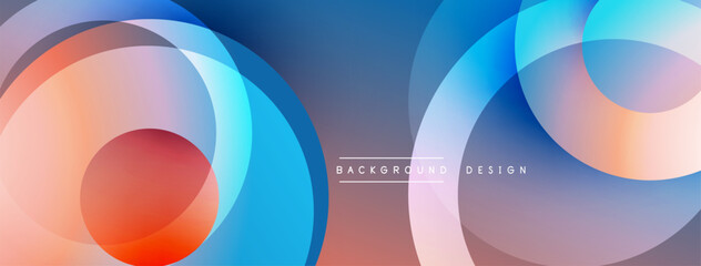 Abstract geometric shapes overlap, creating vibrant color gradients. Blue, orange, pink hues dominate composition. Modern design element.