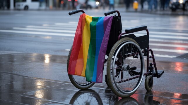 Empty wheelchair draped with rainbow LGBTQ flag on rainy city street, symbol of inclusion