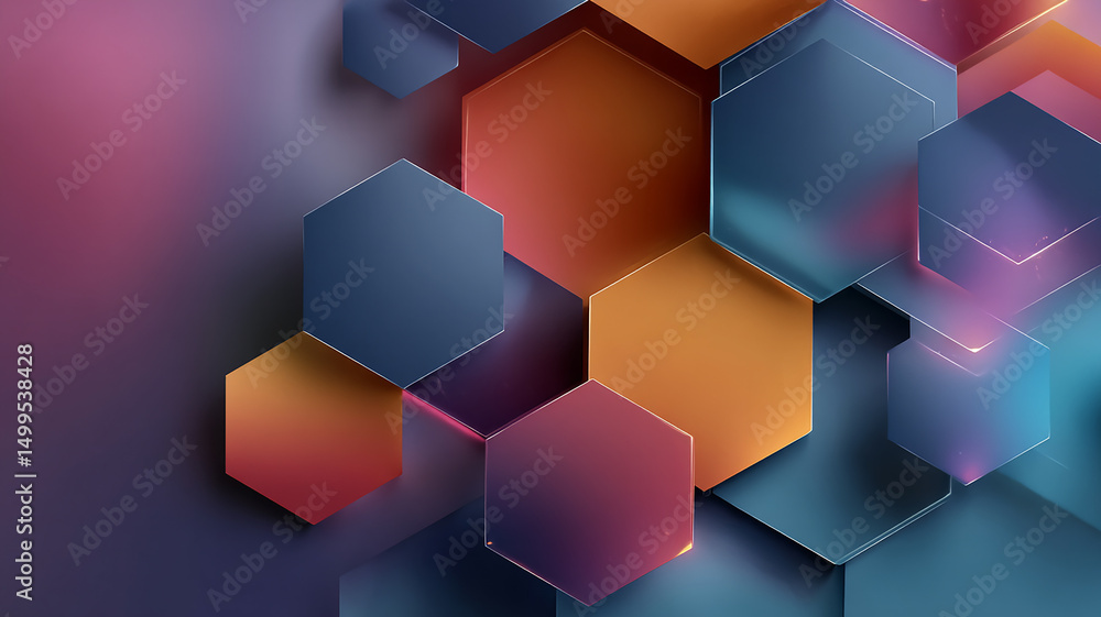 Poster fractal-inspired geometric design, layers of shapes with color gradients