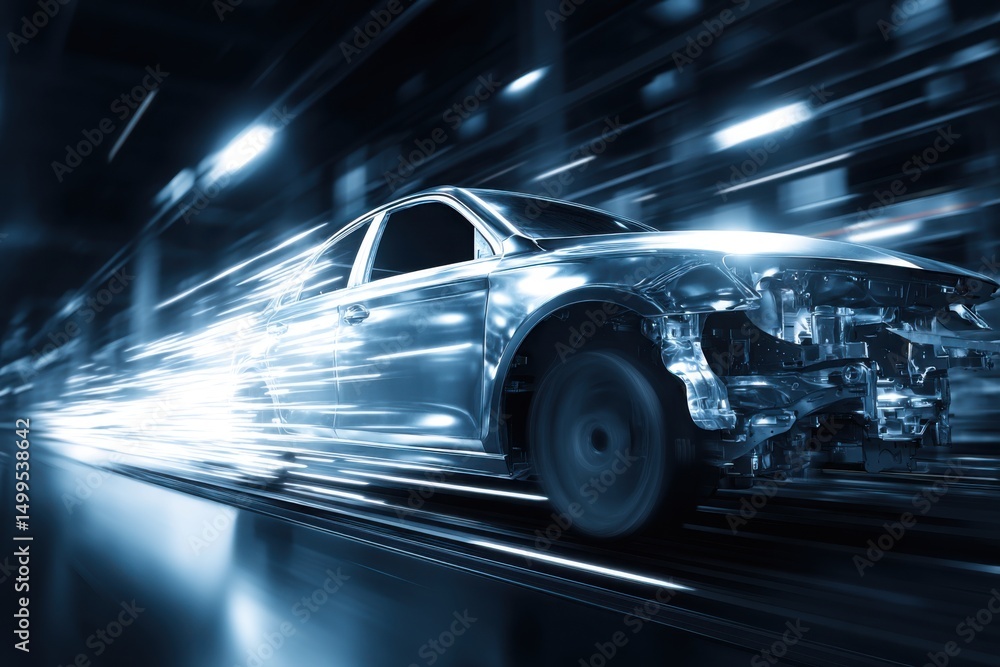 Aufkleber car speeding through a tunnel with light trails in a motion blur abstract futuristic design concept 