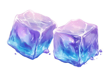 Obraz premium Two translucent ice cubes, vibrant blue and purple hues, glistening with inner light, resting on a dark surface, showing slight melting