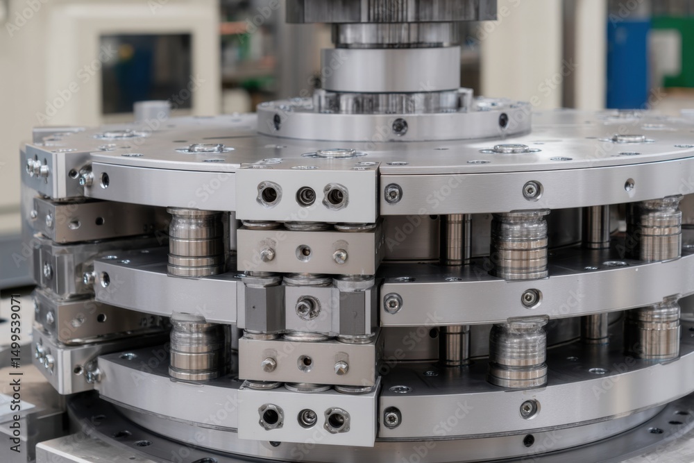 Poster close-up of silver industrial rotary table with mechanical components in a factory setting for engin