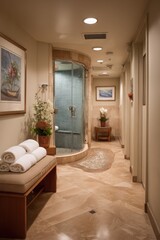 Fototapeta premium Interior view of a luxury spa bathroom featuring a glass shower stall, towels, and artwork in warm neutral tones