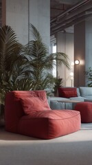 Obraz premium Modern interior design featuring red beanbag chair in a stylish living room with plants and natural light, eye-level shot, minimalist aesthetic