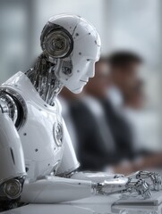 Fototapeta premium Robot typing on keyboard in office setting profile view artificial intelligence concept future of work automation