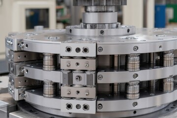 Close-up of Silver Industrial Rotary Table with Mechanical Components in a Factory Setting for Engineering Applications