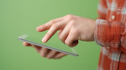 A close-up of a person's hand interacting with a tablet device, showcasing modern technology and ease of use in everyday life. Perfect for illustrating digital communication.