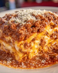 Close-up of Delicious Lasagna Stack with Meat Sauce and Cheese Topping at Italian Restaurant on Plate