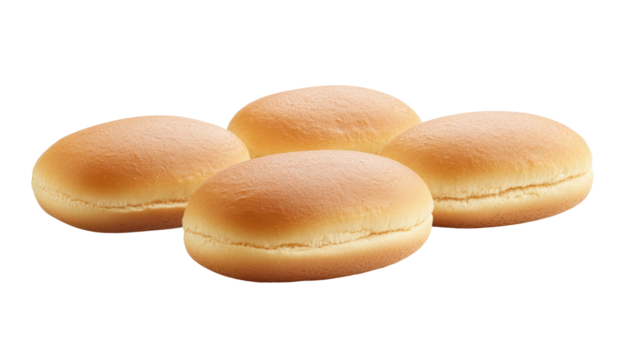 Four soft, golden-brown, slightly-sweet hamburger buns clustered together, ready for grilling or serving