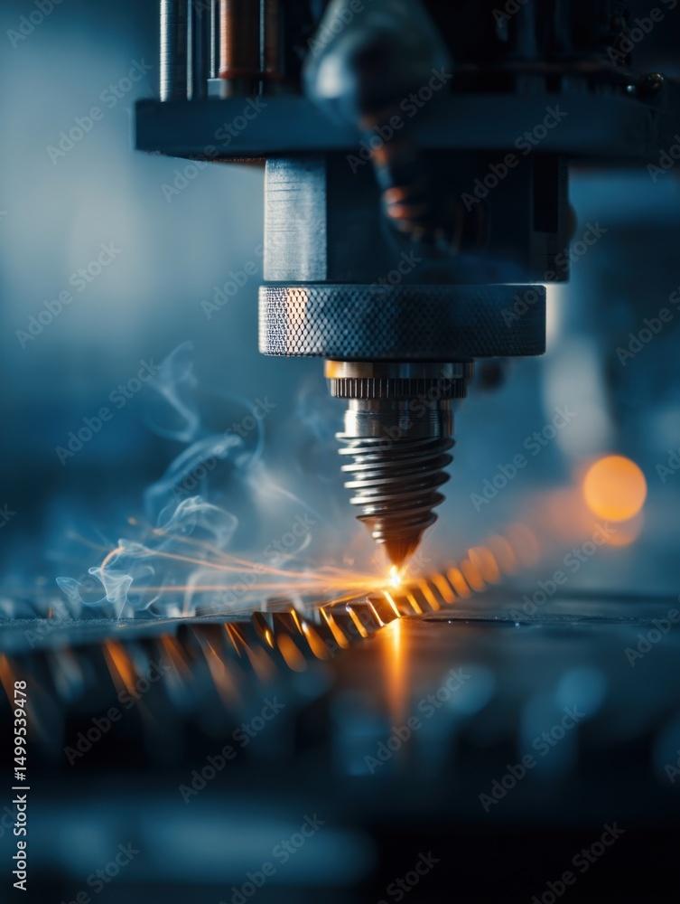Poster close up of a laser cutting machine in action cutting through metal with sparks and smoke in a facto