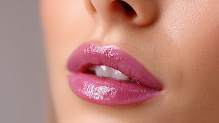 Fototapeta premium A close-up of luscious lips adorned with shiny pink lipstick, showcasing beauty, allure, and elegance. Perfect for cosmetic, fashion, or beauty-themed projects and promotions.