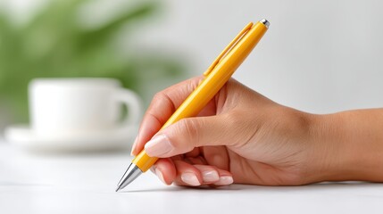 A close-up shot of a hand holding a yellow pen, poised to write on a clean white surface, with a blurred coffee cup in the background, evoking productivity and inspiration.