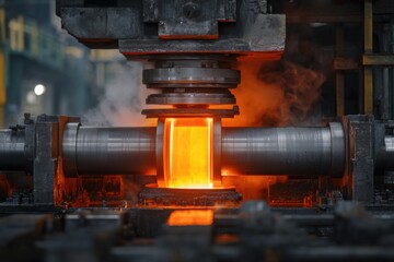Fototapeta premium Close up of industrial forging press shaping hot metal in a factory heavy industry manufacturing process with steam and intense heat