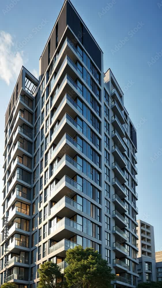 Poster a contemporary condominium with floor-to-ceiling windows and a sleek building facade, appealing to t