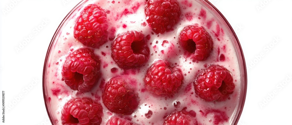 Poster overhead close-up of a raspberry smoothie in a glass with fresh raspberries floating in the foamy pi