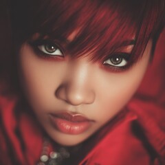 Close up portrait of a young woman with red hair looking at the camera in a studio setting with dramatic lighting and a shallow depth of field