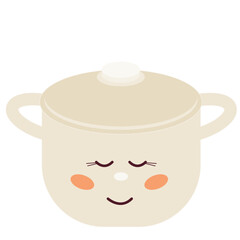 Cute Romantic Pot Character Symbol Icon. Lovely Cartoon Kawaii Food Pan Smiling Face Mascot. Baby Nursery Mug Print Design. Clothing Sticker. Birthday Party Greeting Card Element. 