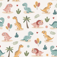 Seamless pattern of cute colorful dinosaurs with floral and geometric elements. Vector illustration