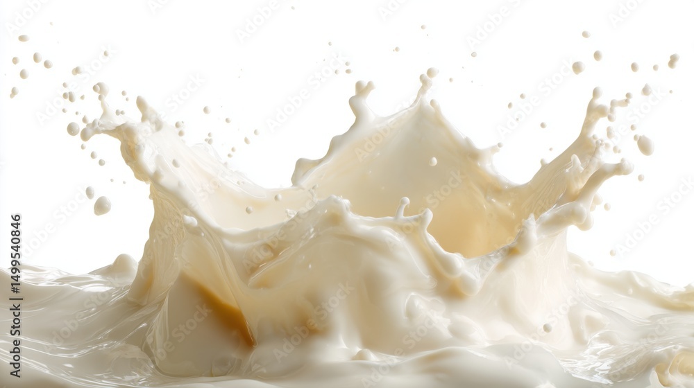 Poster milk splash studio shot on white background showing dynamic movement and creamy texture for dairy pr
