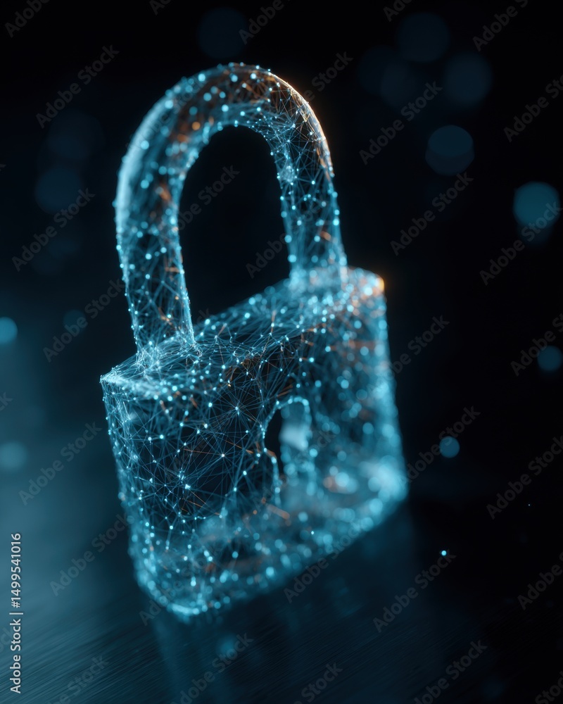 Poster digital padlock security concept close up abstract style rendered in 3d with glowing nodes and lines