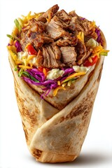 Delicious Doner Kebab Wrap Filled with Meat and Fresh Vegetables Studio Shot on White Background Close Up