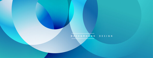 Abstract blue shapes overlap, creating dynamic gradient background. Smooth curves suggest movement, modern design aesthetic.