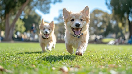 Playful puppies running in park