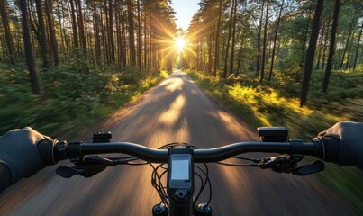 Cyclist on forest path at sunset