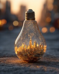 Cityscape Inside Lightbulb Close Up Conceptual Image of Urban Energy Innovation and Sustainable Future at Sunset
