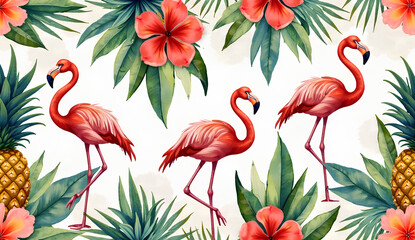 Pink Flamingos in Tropical Garden