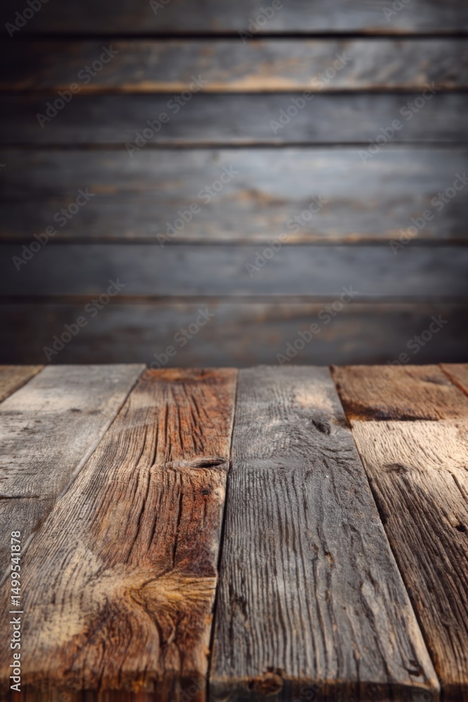Poster rustic wood plank surface with blurred background texture shot at eye level for product mockups and 