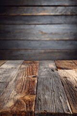 Rustic wood plank surface with blurred background texture shot at eye level for product mockups and displays